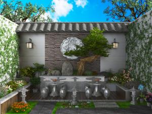 中式庭院假山花坛、石桌石凳景观小品