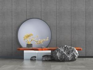 中式石头实木拼接端景台盆景3d模型 中式石头实木拼接端景台盆景