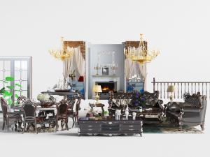 欧式实木雕花边框的多人沙发组合、餐桌椅组合