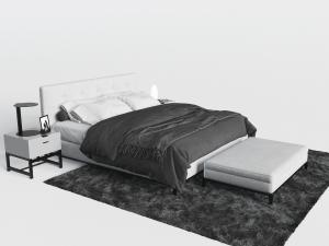 现代白色布艺双人床、床头柜和床尾凳