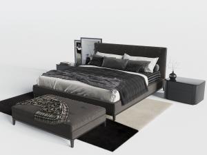 现代新中式布艺双人床、床尾凳