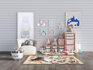 现代儿童单人沙发、玩具玩偶和储物装饰架3d模型 现代儿童单人沙发、玩具玩偶和储物装饰架