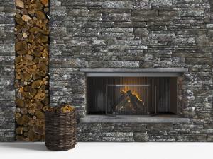 工业风嵌入壁炉和木柴的文化石背景墙