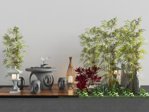 中式庭院石桌鼓凳茶盘和竹子景观小品