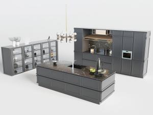 北欧新中式灰色橱柜高柜、中岛和餐边柜