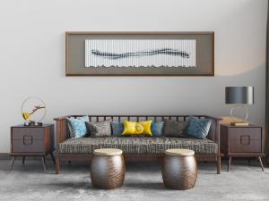 新中式实木多人沙发边几鼓凳组合