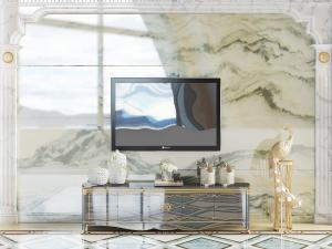 东南亚镶边黑色电视柜、孔雀工艺品摆件