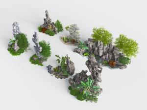 中式假山花草绿植景观园艺小品