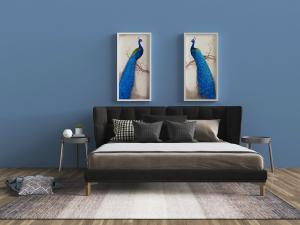 现代黑色布艺床头双人床、床头柜