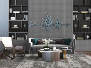 新中式多人沙发、皮革休闲椅子和圆形茶几组合