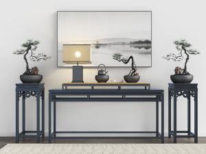 新中式黑色实木端景台花架盆景3d模型 新中式黑色实木端景台花架盆景
