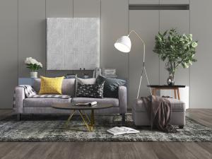 北欧现代灰色布艺多人沙发、沙发凳和落地灯组合