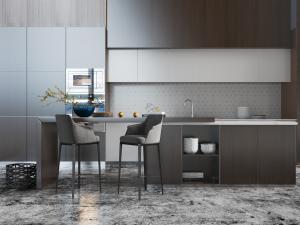 现代整体橱柜、厨房中岛岛台和吧椅