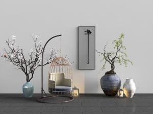 新中式鸟笼吊椅和花瓶花卉摆件