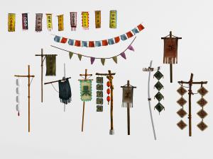 中式不同木杆上的招牌旗帜