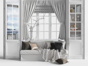 简欧灰多人沙发、装饰柜白色