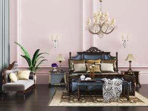 欧式古典黑色雕花实木双人床、美人榻和床尾凳