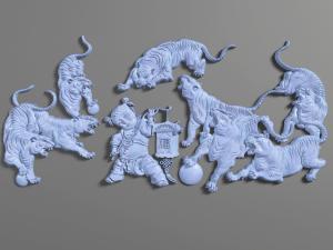 中式儿童和八只老虎墙饰挂件