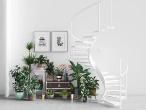 北欧白色旋转楼梯、盆栽植物3d模型 北欧白色旋转楼梯、盆栽植物