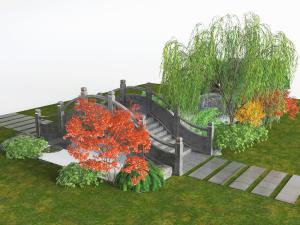 中式石拱桥柳树园艺小品