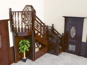 中式实木转角带收纳的楼梯3d模型 中式实木转角带收纳的楼梯