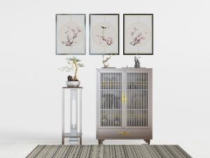 中式实木栅格镂空柜门的玄关柜边柜