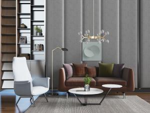 新中式褐色多人沙发、休闲椅子和茶几组合