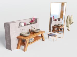 新中式实木凳子洗手台和石材洗手盆