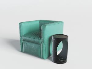 新中式低靠背绿色单人沙发、边几3d模型 新中式低靠背绿色单人沙发、边几