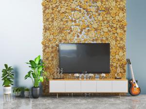 现代白色柜门的实木电视柜、电视机和吉他