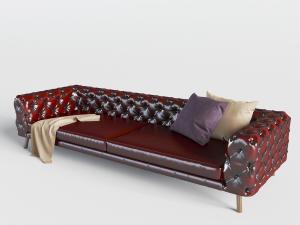 欧式红色皮革软包靠背的多人沙发