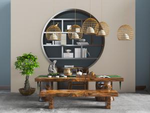 中式原木茶桌长凳