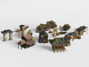 中式古建筑房屋、大门和亭子