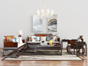 中式实木多人双人单人沙发茶几组合