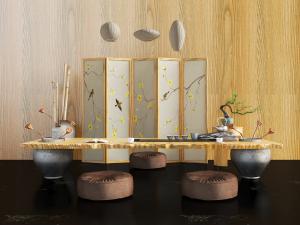 中式实木茶桌坐垫屏风