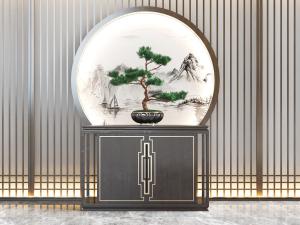 中式玄关柜边柜、盆景