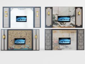 新中式电视背景墙电视机3d模型 新中式电视背景墙电视机