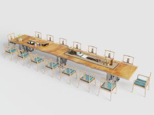 中式超长实木茶桌会议桌椅组合3d模型 中式超长实木茶桌会议桌椅组合