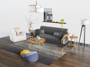 北欧灰色多人沙发、白色单人沙发圆形茶几组合