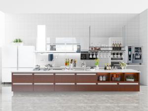 现代白色整体橱柜、加长厨房中岛吧台