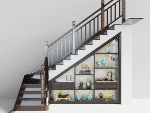 新中式实木栏杆护栏带储物的楼梯3d模型 新中式实木栏杆护栏带储物的楼梯