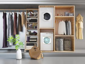 现代嵌入洗衣机烘干机实木储物收纳柜