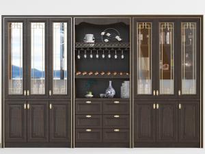 新中式实木对称三开玻璃门酒柜3d模型 新中式实木对称三开玻璃门酒柜