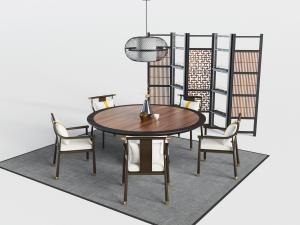 新中式圆形餐桌椅组合屏风