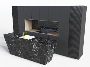 现代黑色实木整体橱柜、大理石厨房中岛