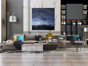 新中式加长多人沙发、方形茶几组合