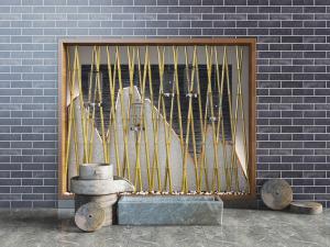 中式石磨、竹竿景观小品