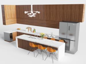 现代整体实木橱柜、吊柜和厨房中岛吧台