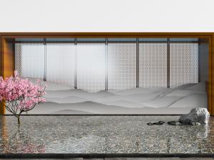 中式山脉、石头和花树景观小品