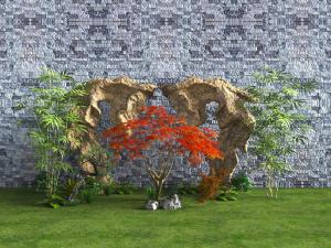 假山石竹子红叶灌木景观小品